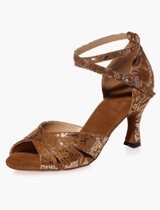 Chaussures de danse latine en velours à talons évasés ruban aux chevilles peep-toe