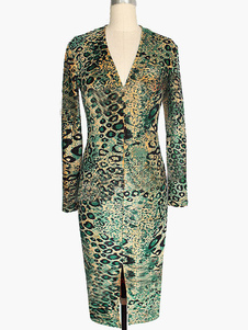 Robe bodycon en spandex col V à motif léopard