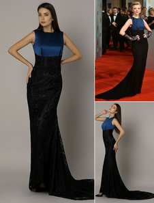Natalie Dormer BAFTA bicolore bleue et noire Satin sirène robe avec dentelle Train