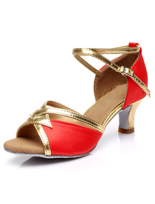 Chaussures danse latine en satin talons verre à pied ruban aux chevilles peep-toe