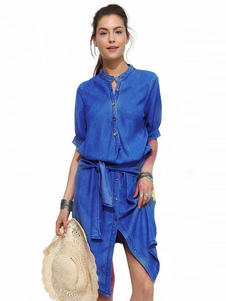 Robe skater sexy en denim bleu fendu dentelle col montant