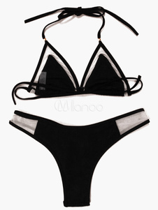 Bikini en lycra spandex unicolore translucide avec filets