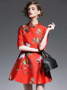 Robe skater mode en brocart imprimé animal plissé avec bouton col montant