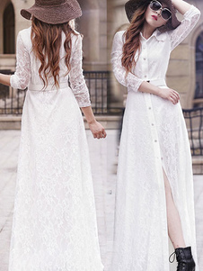 Robe longue en chiffon clair dentelle col à revers