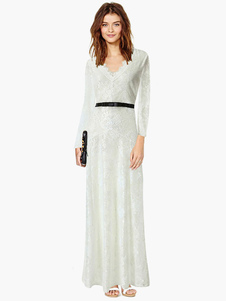 Robe longue chiffon col V manches en dentelle