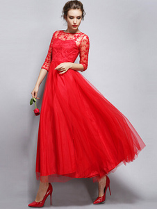 Robe longue en tulle unicolore à demi-transparence col rond