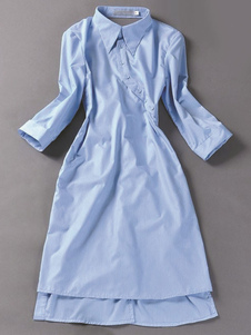 Robe droite sexy en coton bleu clair avec croix au dos plissé col à revers