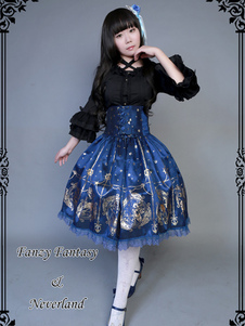 Jupe lolita bleue royale en coton imprimé avec dentelle