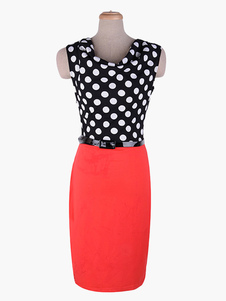 Robe moulante en coton mélangé à col bénitier à pois avec ceinture