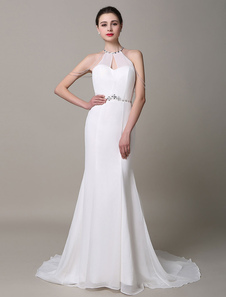 Robe de mariée Ivoire Halter Backless strass du sirène robe de mariée en mousseline de soie