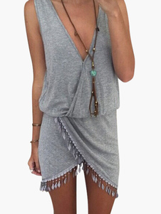 Gray V-Neck Piping Plage Cover Ups