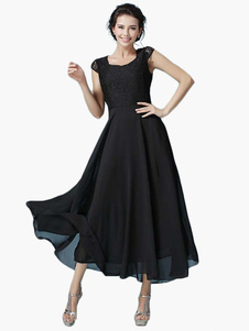 Robe longue chiffon dentelle plissé col carré