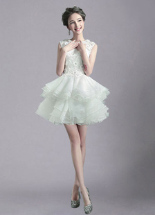 Mariage Ivoire robe Illusion strass robe de mariée courte hiérarchisé