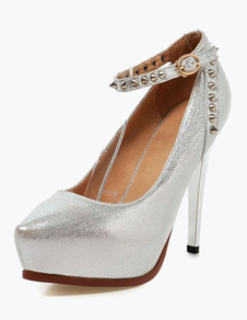 Escarpins à bout pointu et talons prismes ruban aux chevilles avec rivet