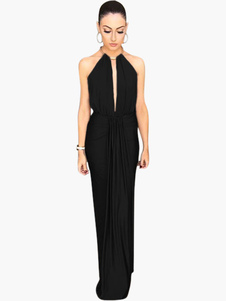 Robe longue en polyester unicolore plissé creusé dos nu