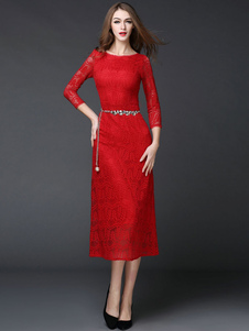 Gris Bodycon thé longueur Sash dentelle Slim Fit robe