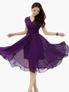 Robe skater chiffon plissé col V