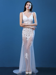 Dentelle blanche robe longue sirène brodée pure Party Dress