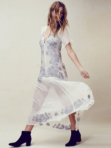 Mousseline de soie manches courtes imprimé robe Maxi semi Sheer femmes