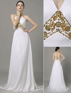 Robe de mariée perles soirée robe Ivoire Halter v-cou Tribunal Train Beach