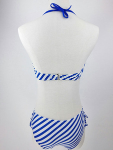 Éblouissant bikini sexy en lycra spandex bleu avec rayure à volants
