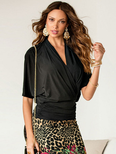 Top fuschia haut ruché profonde-V coton pour femmes