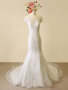 Robe de mariée ivoire sirène tissu de satin avec dentelle col rond avec traîne