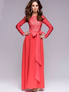 Robe longue en dentelle avec noeud col ras du cou manches casaque