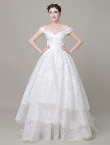 Off-The-Shoulder mariage robe boule robe dentelle hiérarchisé Chaple Train robe de mariée