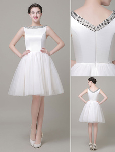 Robe Bateau perlage Tulle a-ligne de longueur genou mariée robe de mariée courte