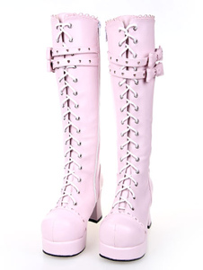 Sweet Lolita rose bottes poney Chunky talons plate-forme lacets arcs