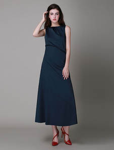 Robe longue en satin bleu unicolore à dos décolleté