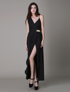 Robe maxi noire fendue avec ceinture à bretelles