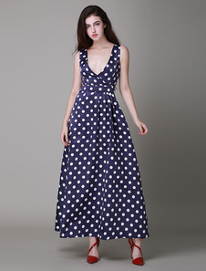 Robe longue bleu marine en polyester à pois col V