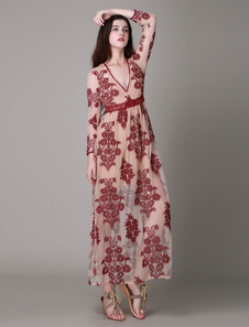 Purple Floral décolletée impression Maxi robe brodée