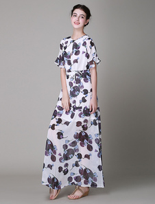 Robe longue multicolore en chiffon imprimé fleuri encolure dégagée