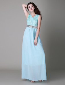 Robe longue bleu en dentelle multicouche col rond