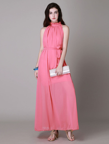 Robe maxi synthétique unicolore à volants de col montant