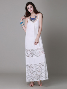 Robe longue blanc coton dentelle à bretelles