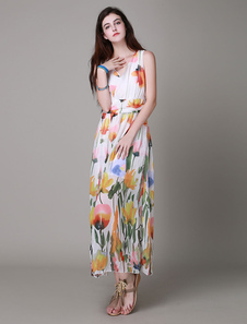 Robe longue vert en coton imprimé fleuri col V