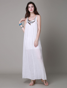 Robe longue blanc en coton imprimé fleuri à fines bretelles