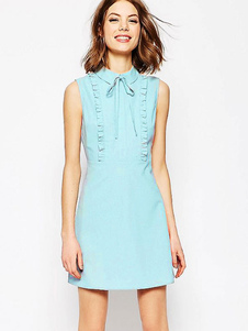 Illusion robe courte bleu Bow Ruffles robe d’été acétate