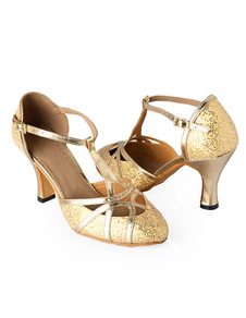 Chaussures de danse latine à talons bobines or avec paillettes
