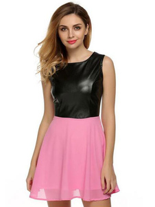 Mini robe séduisante en PU bicolore plissé col rond