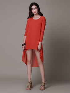 Robe droite en coton mélangé orange unicolore asymétrique