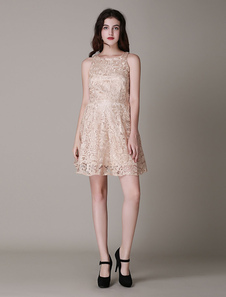 Robe skater brodée en polyester beige unicolore à dos décolleté avec dentelle