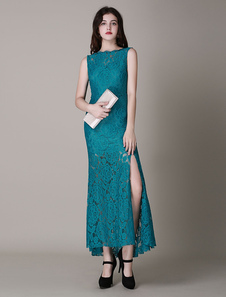 Dentelle dos nu vert Split Maxi robe pour femmes