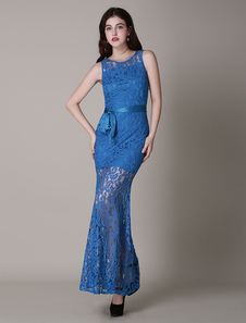 Robe longue sirène en dentelle unicolore