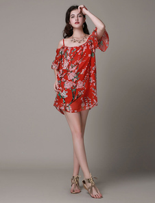 Robe en mousseline de soie bretelles imprimé Floral rouge