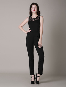 Combinaison féminine noire unicolore avec dentelle